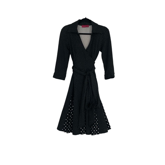 Melissa‎ Masse Women's Black Polka Dot Collared A-Line Wrap Dress Size XS - Picture 1 of 12